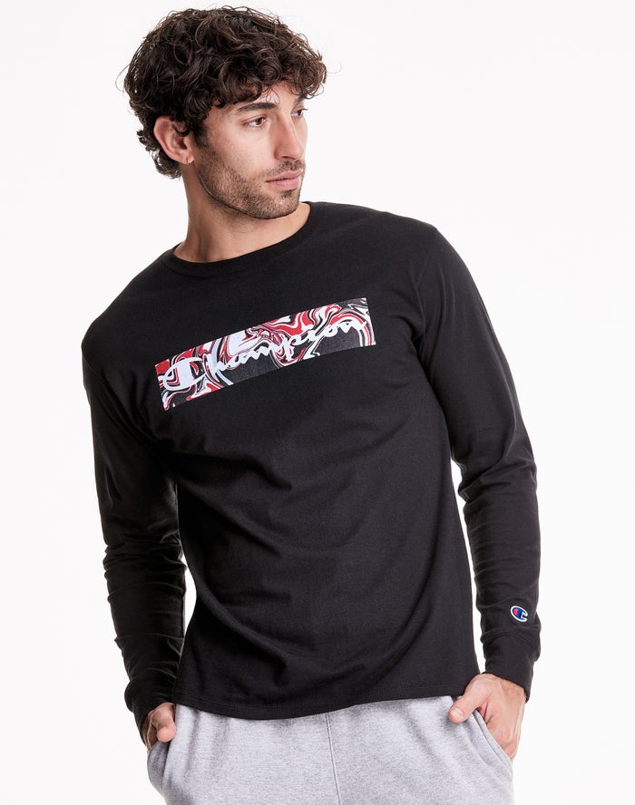 Champion Mens T-Shirt NZ - Classic Long Sleeve Jersey Liquid Filled Block Black ( 5983-ZTBAM )